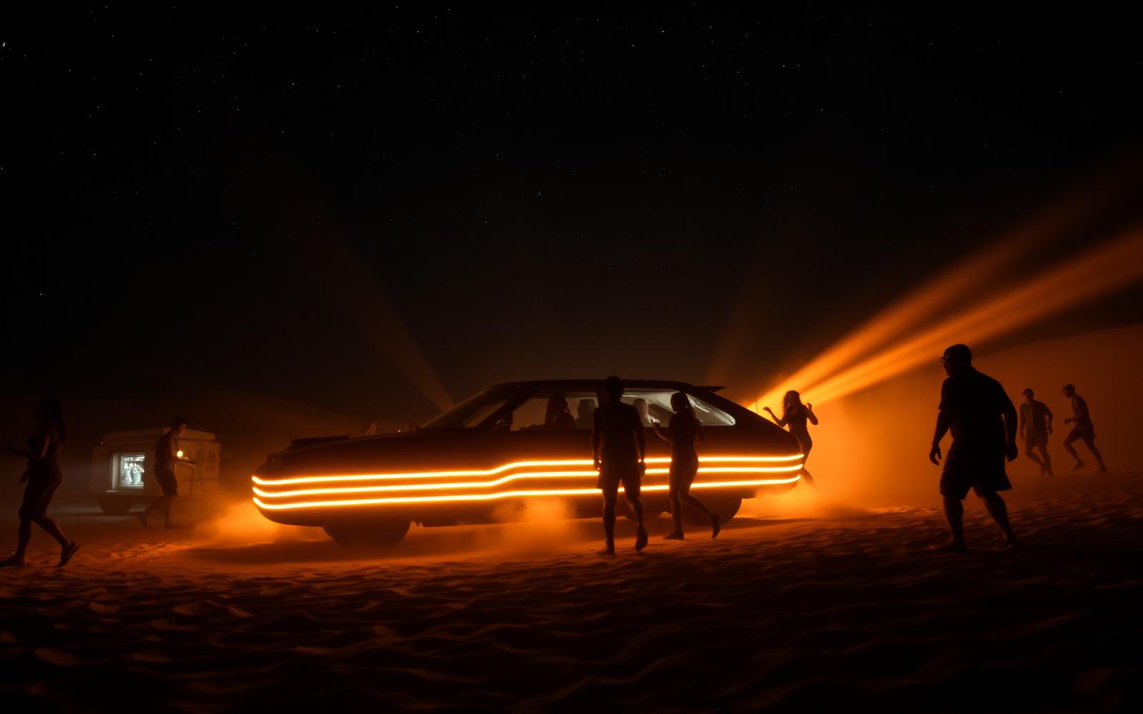 Desert rave around the NOMAD vehicle at night