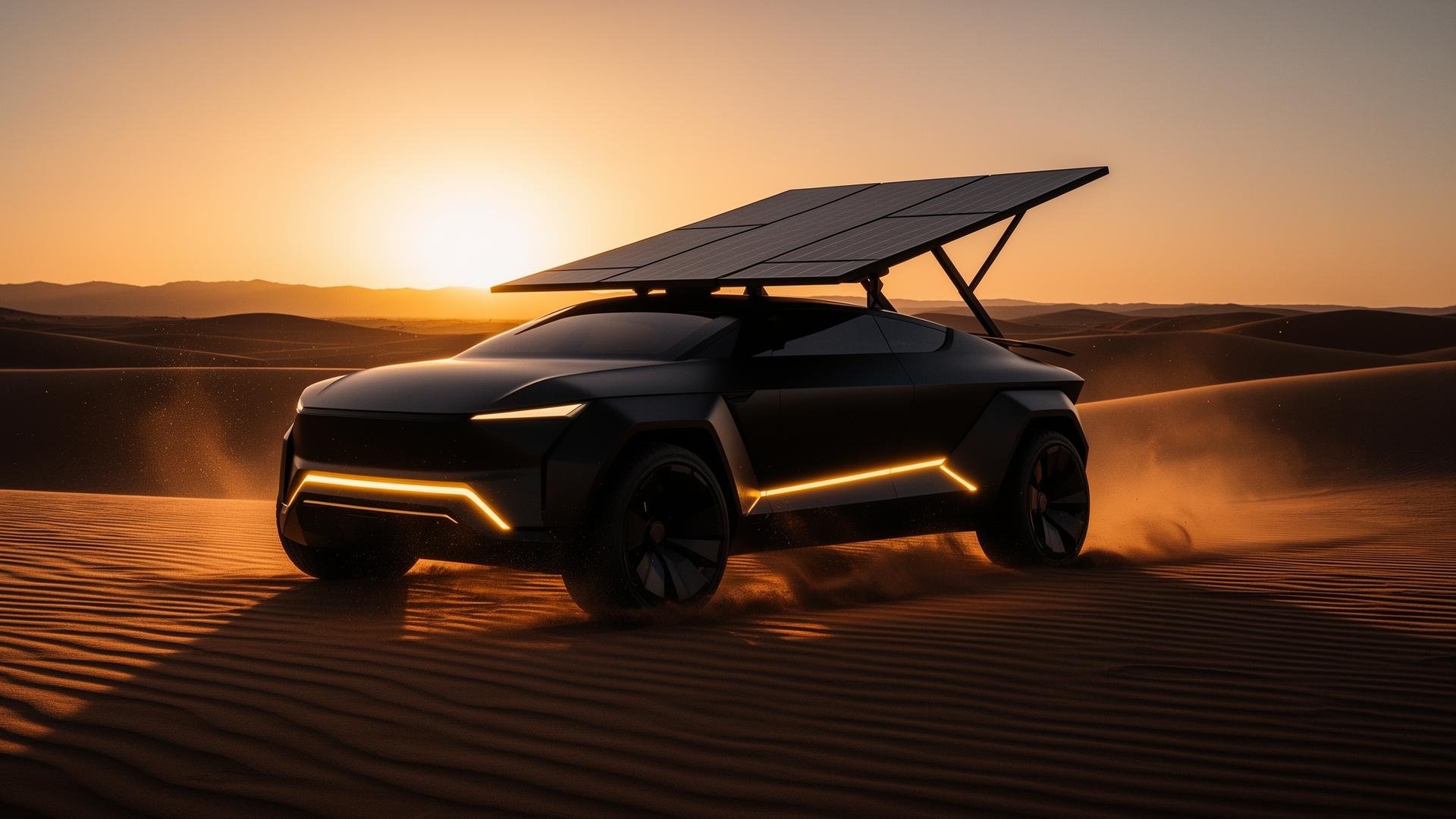 NOMAD electric desert vehicle on dunes at sunset